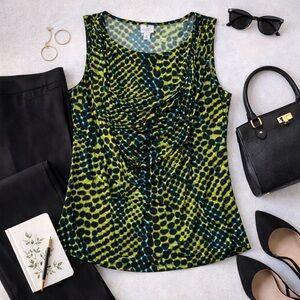 Worthington Stretch Sleeveless Top XL Green Black Abstract Animal Print